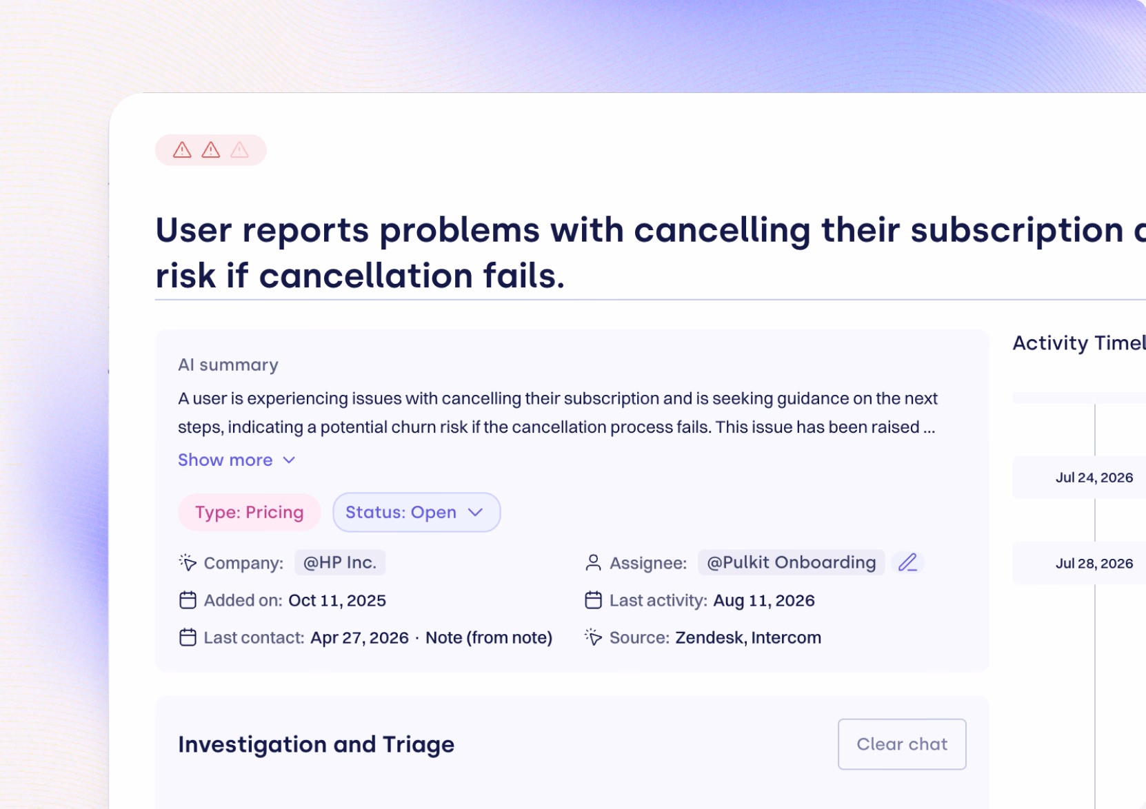 Ticket view with an AI summary of a cancellation issue flagged as a churn risk