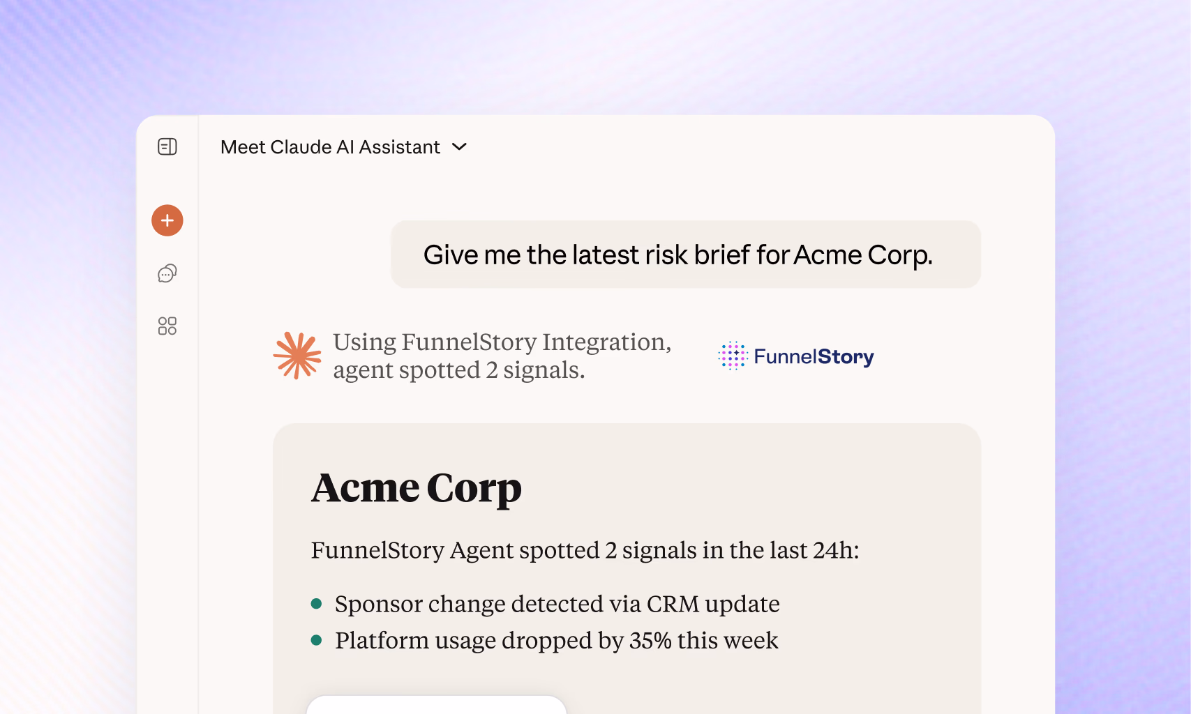 Claude AI Assistant surfacing two risk signals for Acme Corp in the last 24 hours
