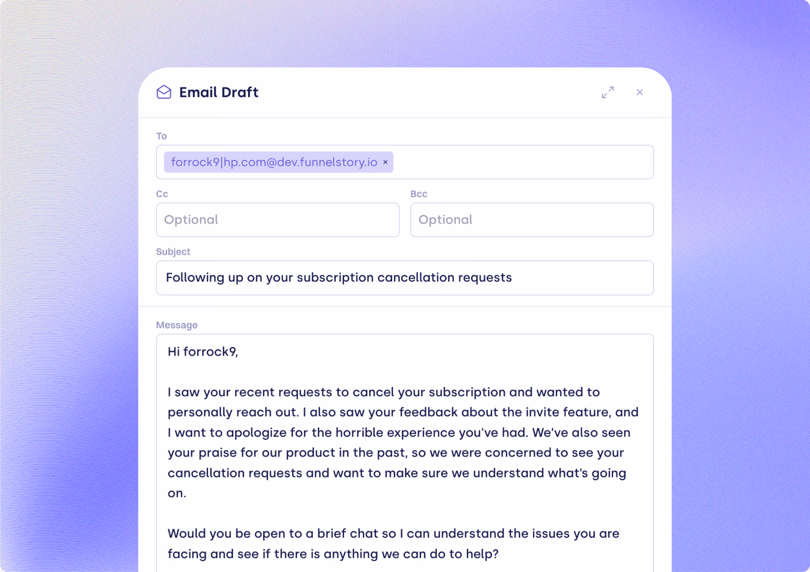 Outcome agent drafting a ready-to-send outreach email