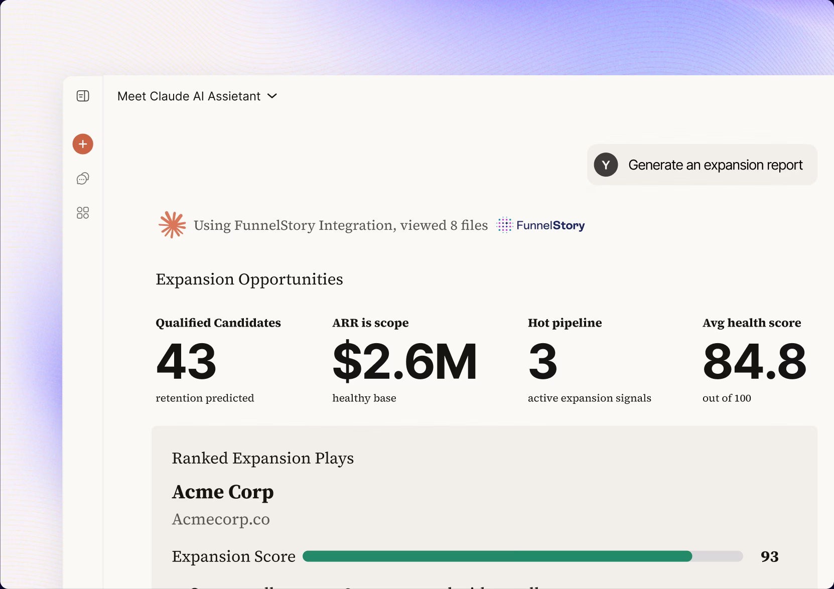 Claude chat surfacing an autonomous expansion report with qualified candidates, ARR in scope, and ranked expansion plays