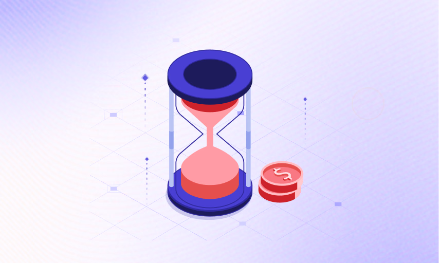 Hourglass running out next to a stack of coins
